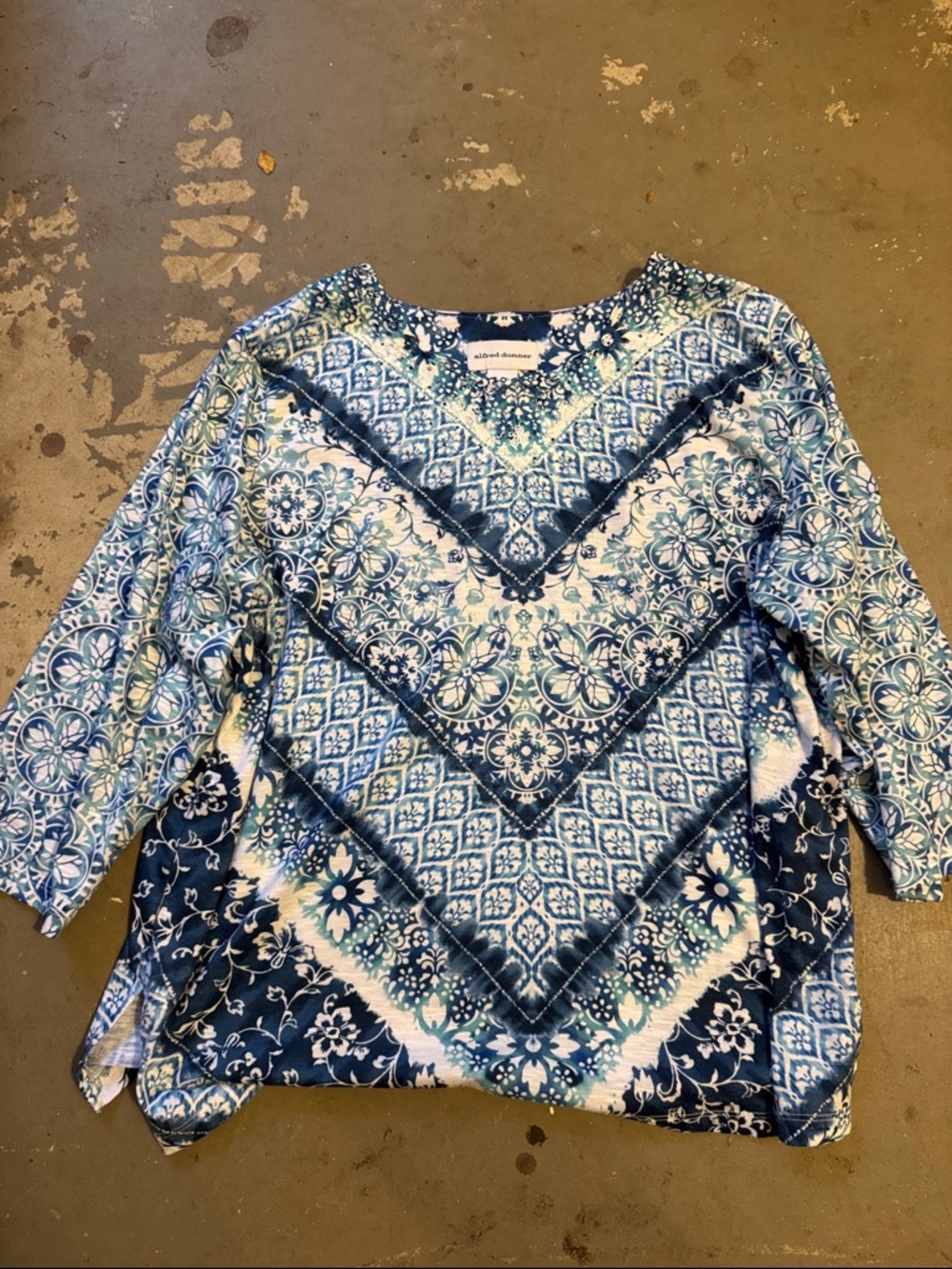 Alfred Dunner Blue and White Chevron Floral V-Neck Blouse